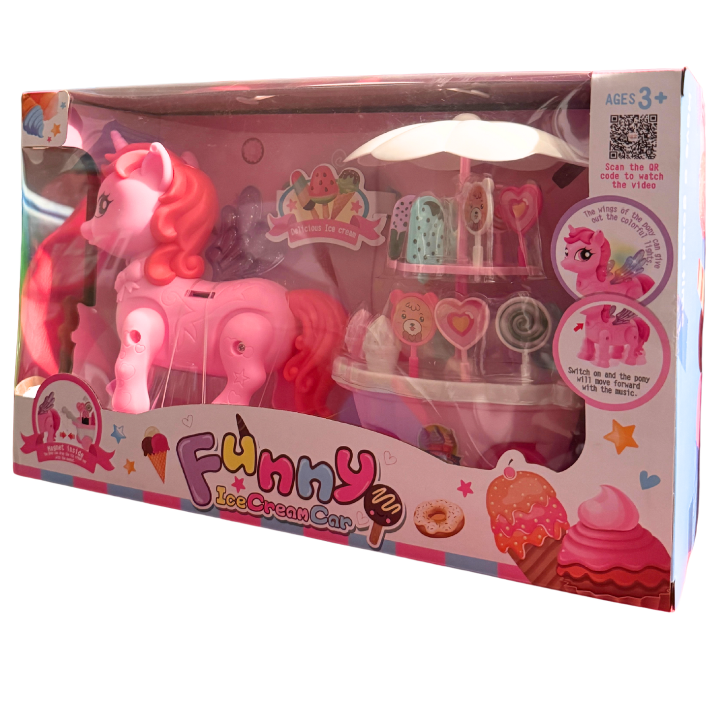 Funny Ice Cream Pony Cart Set - Moving Musical Unicorn + Sweet Dessert