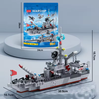 8-in-1 Warship Building Blocks Set – Boats, Aircraft & Military Vehicles