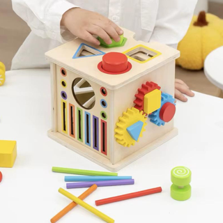 Wooden Montessori Activity Cube β Shape Sorter, Gear Spinner & Learning Play Box