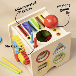 Wooden Montessori Activity Cube β Shape Sorter, Gear Spinner & Learning Play Box