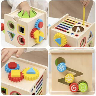 Wooden Montessori Activity Cube β Shape Sorter, Gear Spinner & Learning Play Box