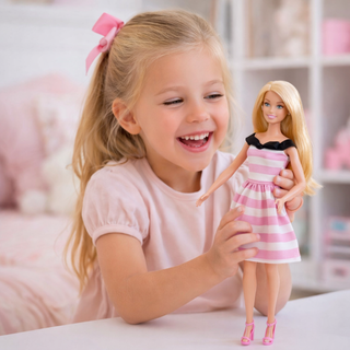Barbie Fashion Doll – Blonde Hair with Pink & White Striped Dress