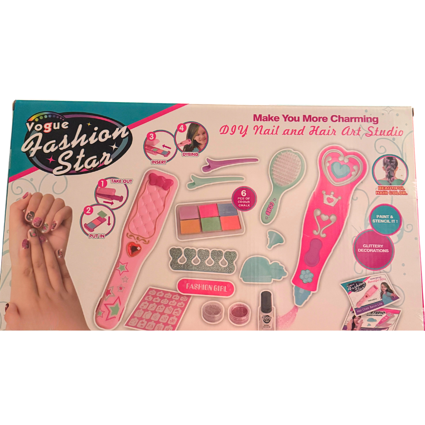 DIY Nail & Hair Art Studio Set – Glitter Nails + Hair Color Chalk Kit (21 PCS)