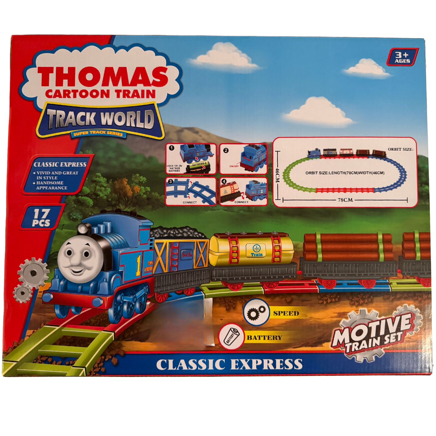 Classic Express Cartoon Train Set – 17 Pieces | Battery-Powered Track World