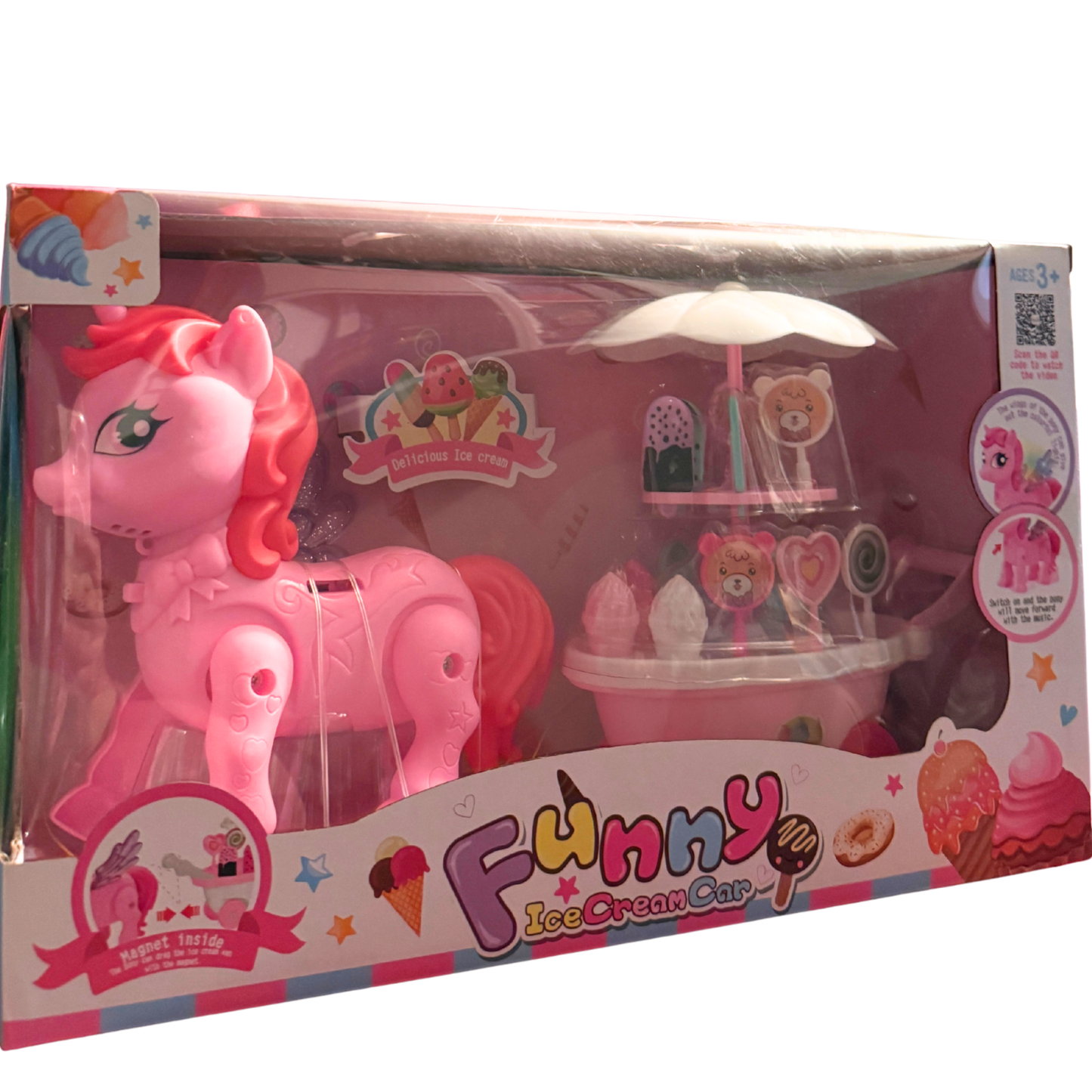 Funny Ice Cream Pony Cart Set - Moving Musical Unicorn + Sweet Dessert