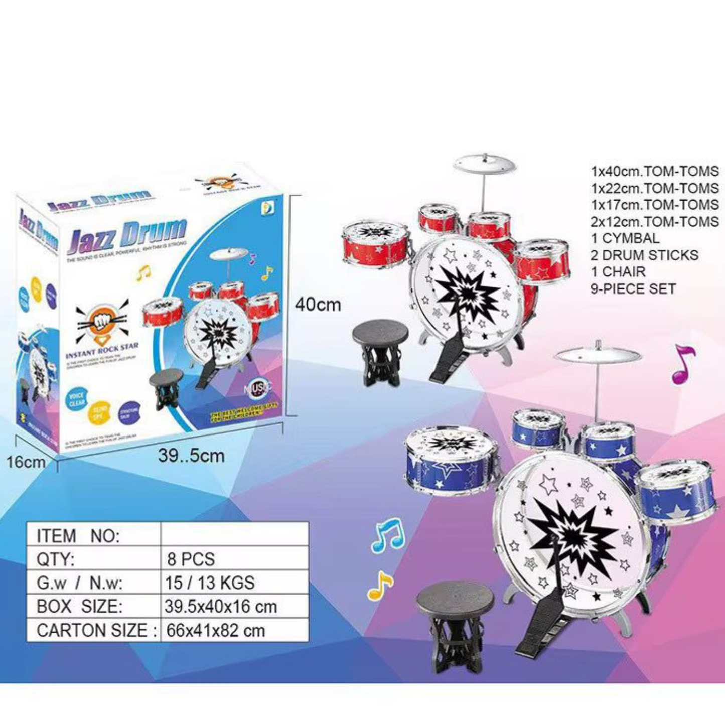 Kids Jazz Drum Set – 9 Piece Musical Kit