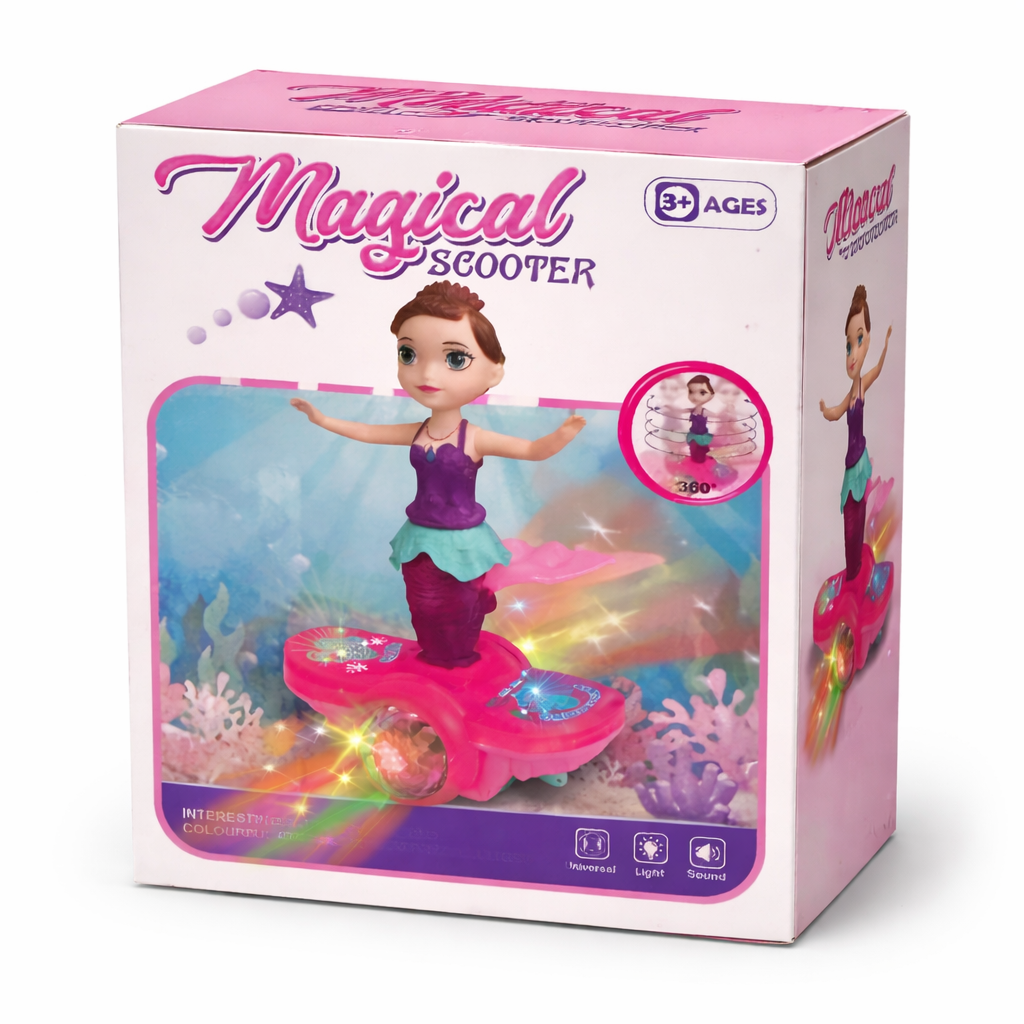 Magical Dancing Mermaid Scooter – 360° Spin, Lights & Music