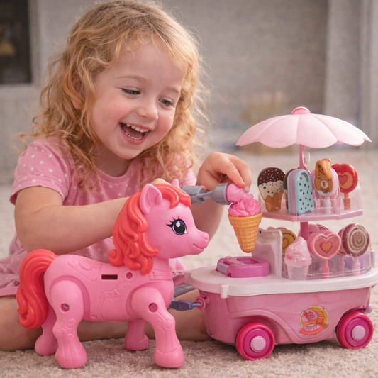 Funny Ice Cream Pony Cart Set - Moving Musical Unicorn + Sweet Dessert