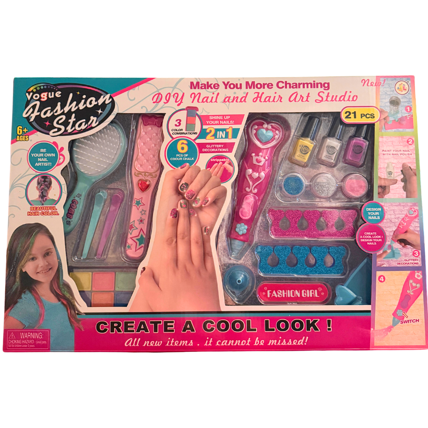 DIY Nail & Hair Art Studio Set – Glitter Nails + Hair Color Chalk Kit (21 PCS)